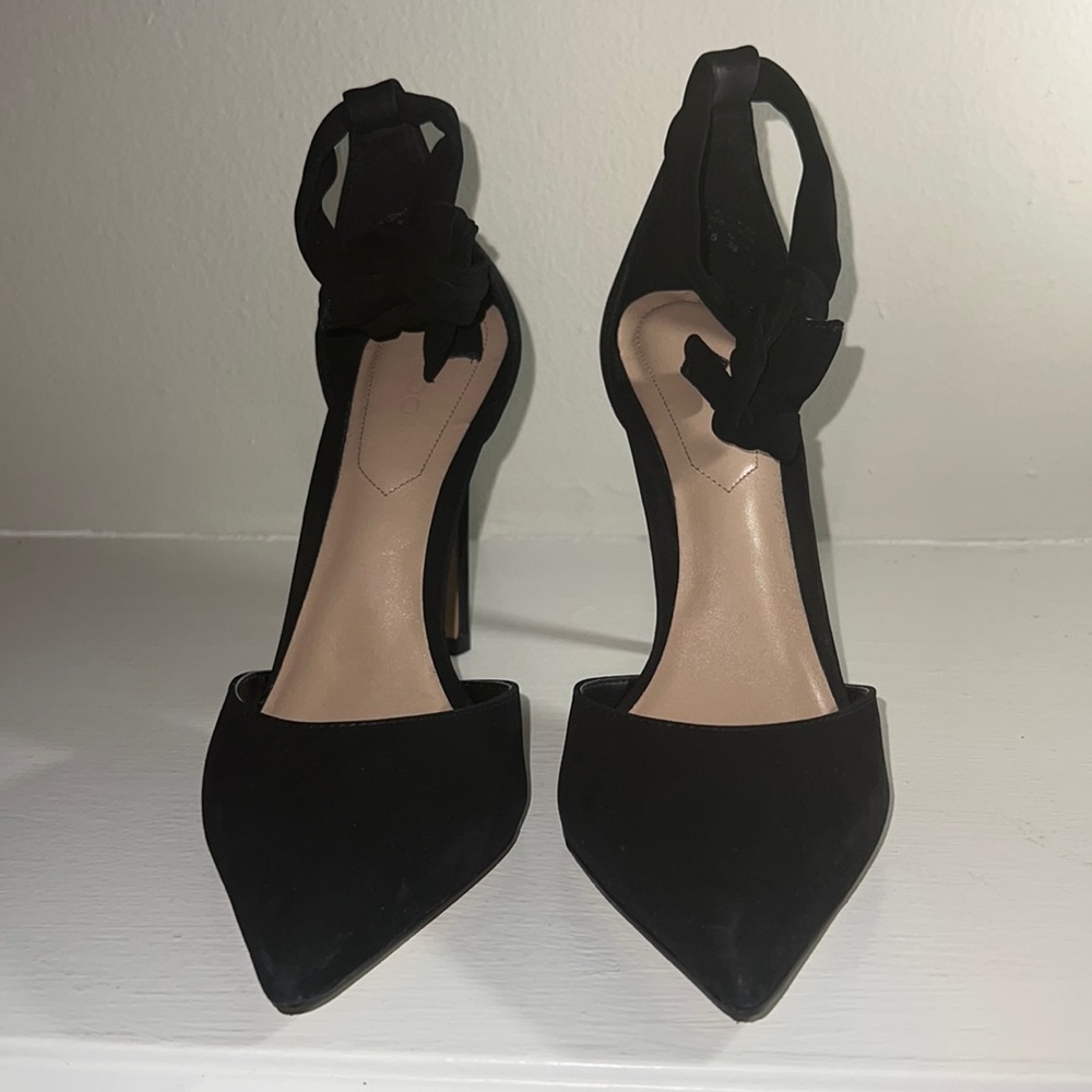 Black suede Aldo States ankle tie heels